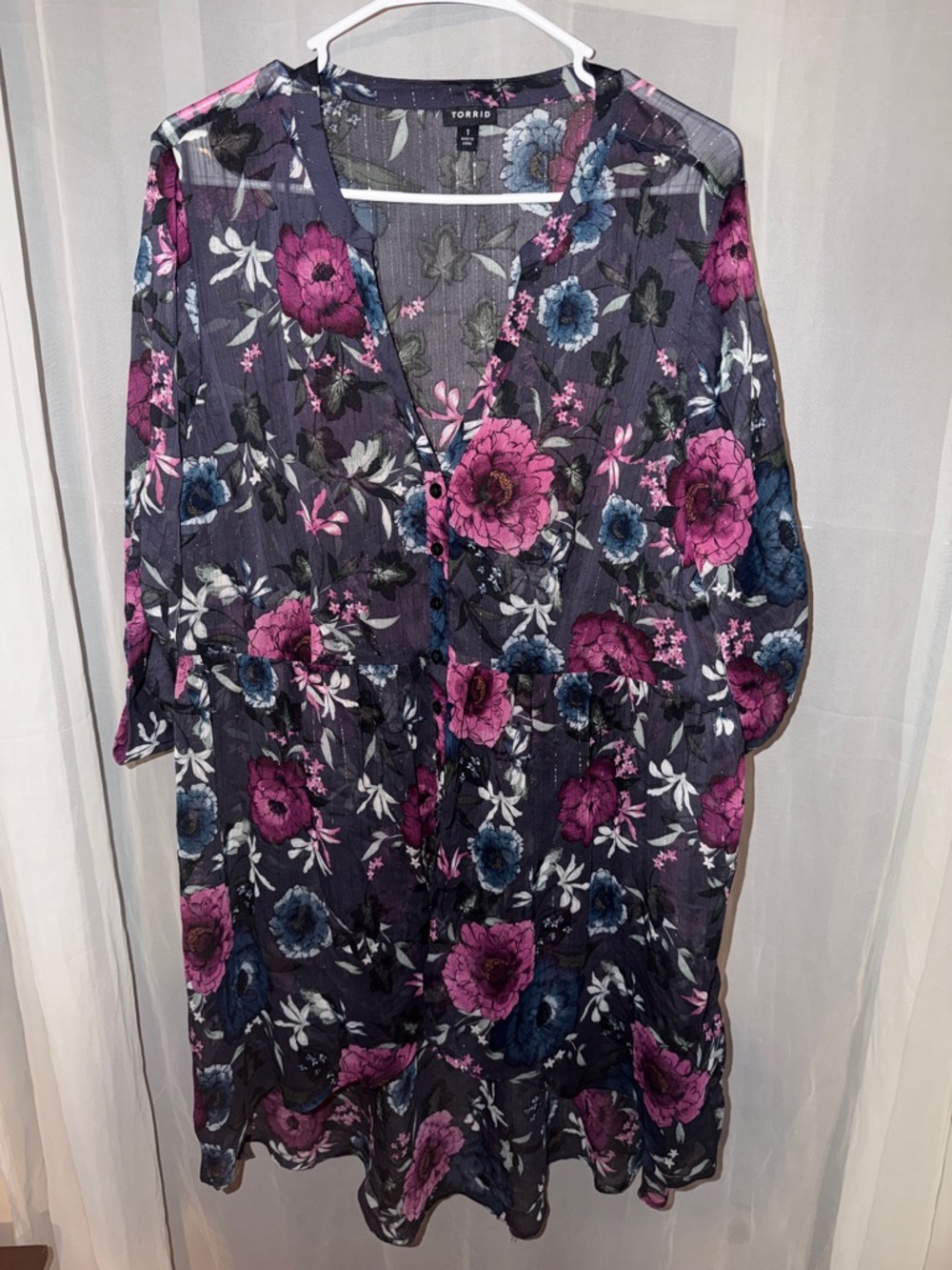 torrid Charcoal Floral Button-Front Tunic with Pink & Blue Blooms
